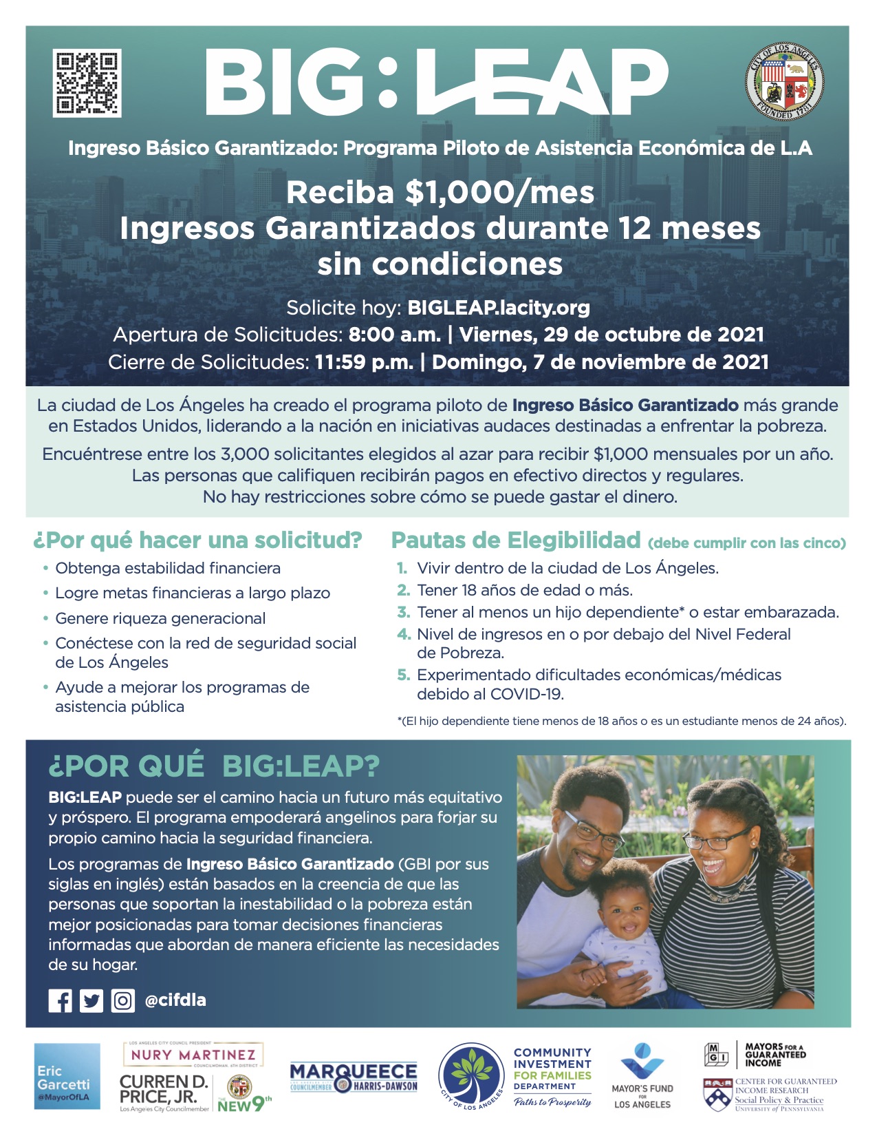 Big Leap program flyer. Describes start and close dates of the application, benefits to participants, and misc. information about the program 