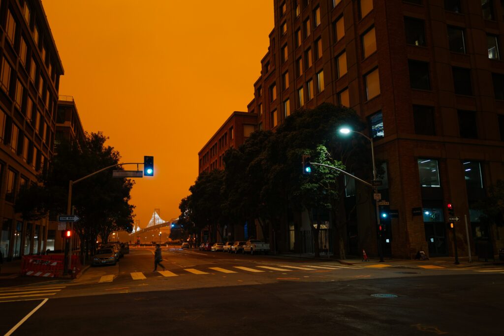 wildfire orange sky city view. 